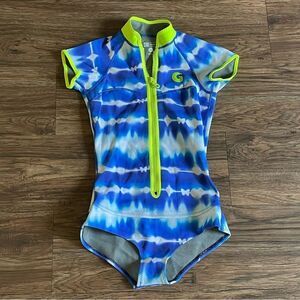 NWOT GlideSoul Zip Front One Piece SpringSuit Tie Dye Blue And Yellow Size Small
